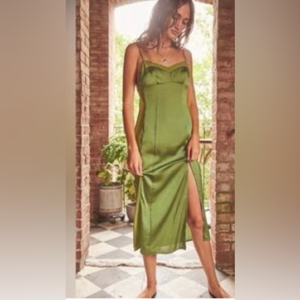 Free People City Cool midi satin slip dress in blue green only size medium